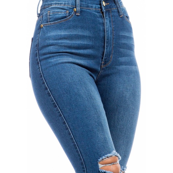 High Waist Slit Knee Skinny Denim Jeans - Picture 5 of 6